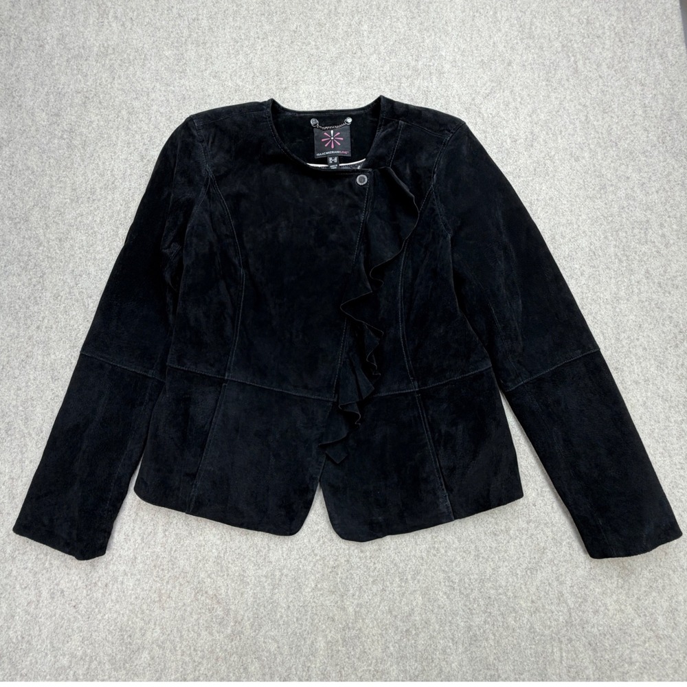 Isaac Mizrahi Ruffle Suede Jacket Women 8 Black Feminine 90s Off Duty Whimsy Y2K